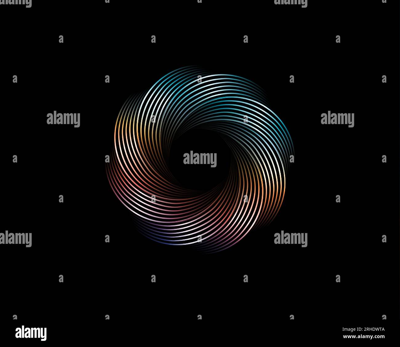 Vortice di fiori astratti metallizzati, logo con cerchi geometrici vettoriali isolato su sfondo nero. Tecnologia tonda in elementi colorati a onda Illustrazione Vettoriale