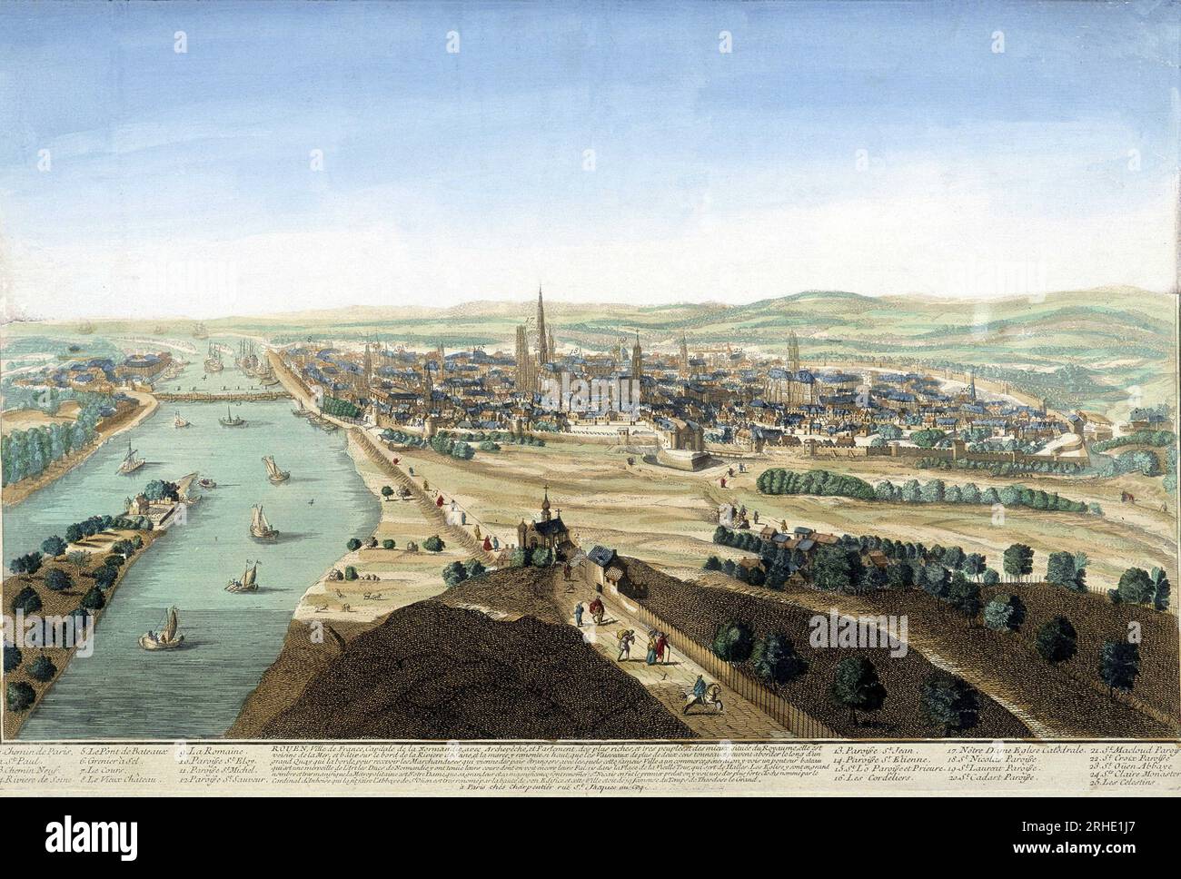 Vue du port et de la ville de Rouen; Gravure du 18eme siecle. Foto Stock