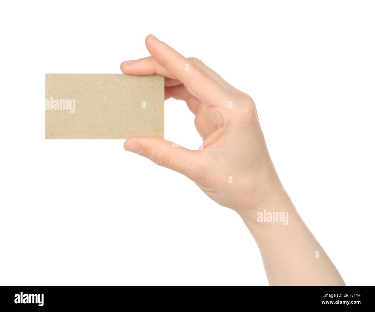 La mano contiene un biglietto da visita vuoto su sfondo bianco in primo piano Foto Stock