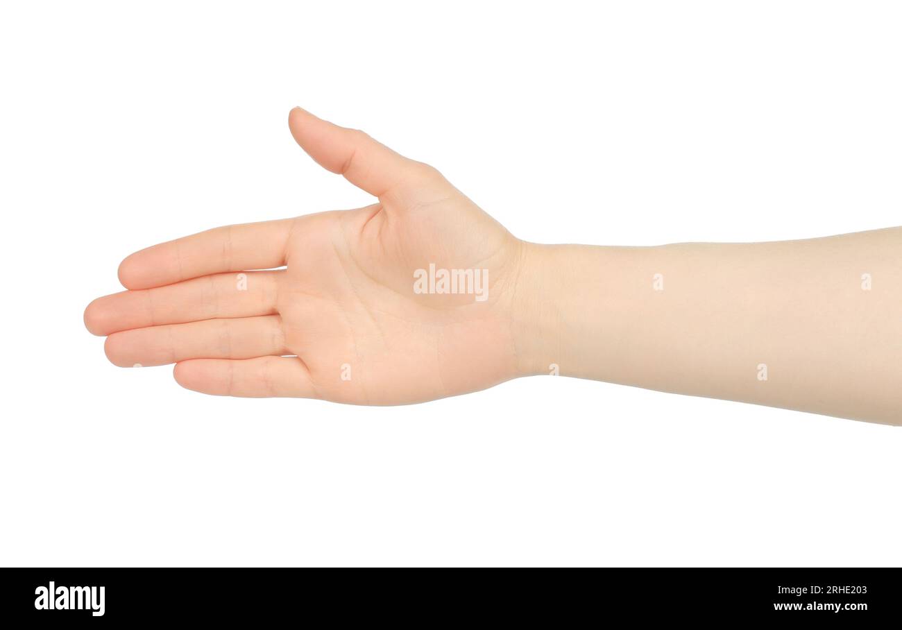 La mano di una donna mostra una stretta di mano, su sfondo bianco in primo piano Foto Stock