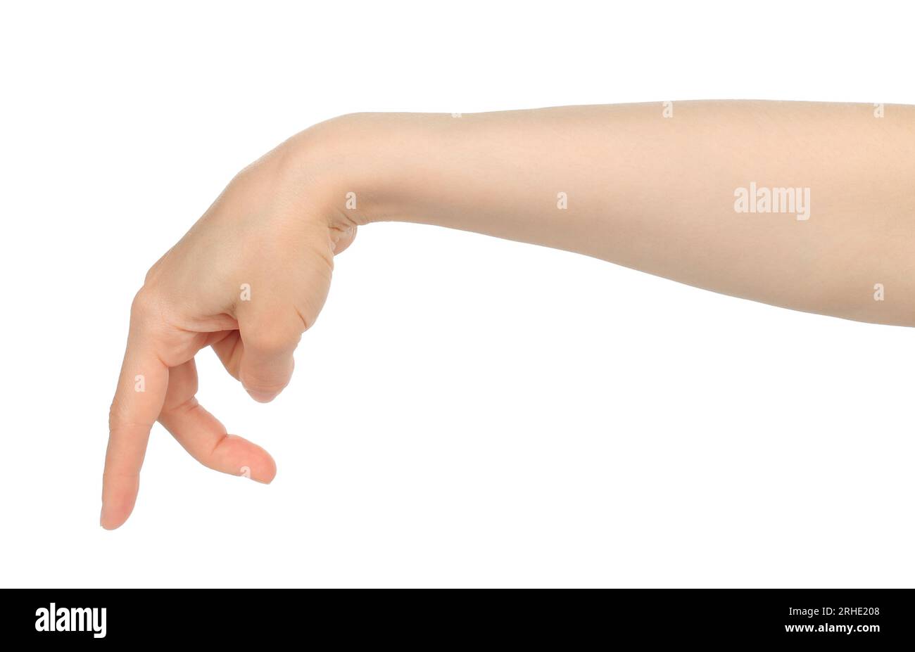 La mano di una donna mostra le dita che camminano, su sfondo bianco in primo piano Foto Stock