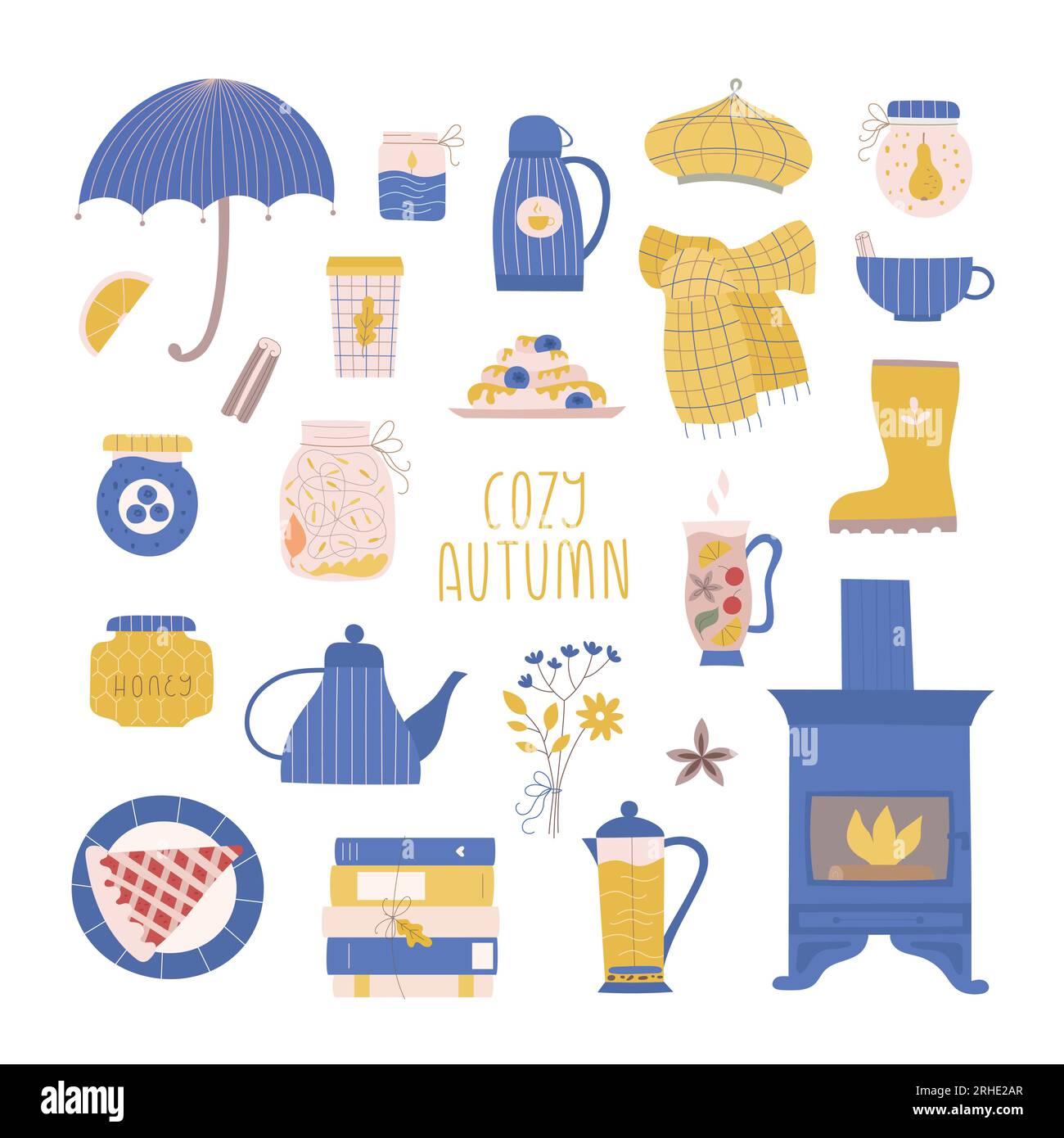 Simpatiche e accoglienti illustrazioni vettoriali autunnali. Pacchetto autunnale con zucca, caminetto, ombrello, sciarpa, torta, teiera, tazza. Illustrazione Vettoriale