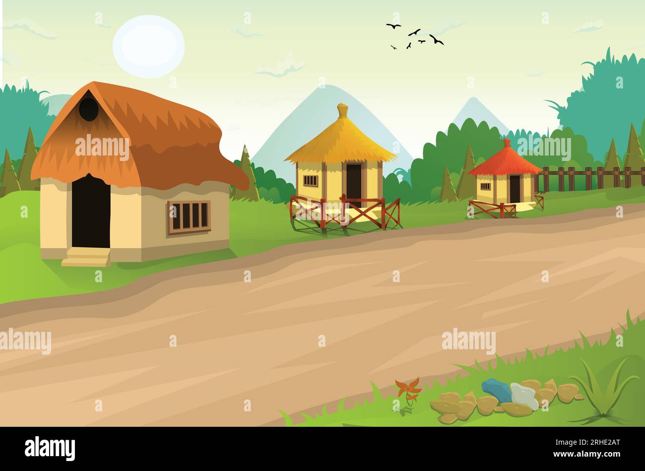 Incantevole illustrazione serale del paesaggio naturale del villaggio, con elegante design piatto, alberi, banner e sfondo di cartoni animati Illustrazione Vettoriale