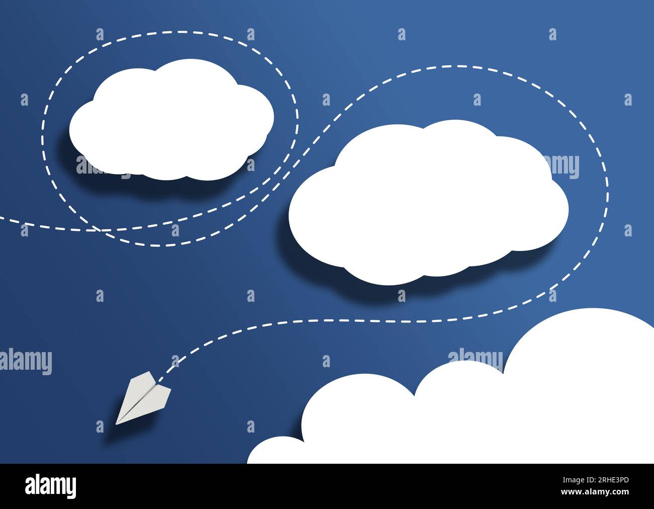 piano cartaceo che trova una via d'uscita tra le nuvole su sfondo blu, concetto di problema e soluzione Foto Stock