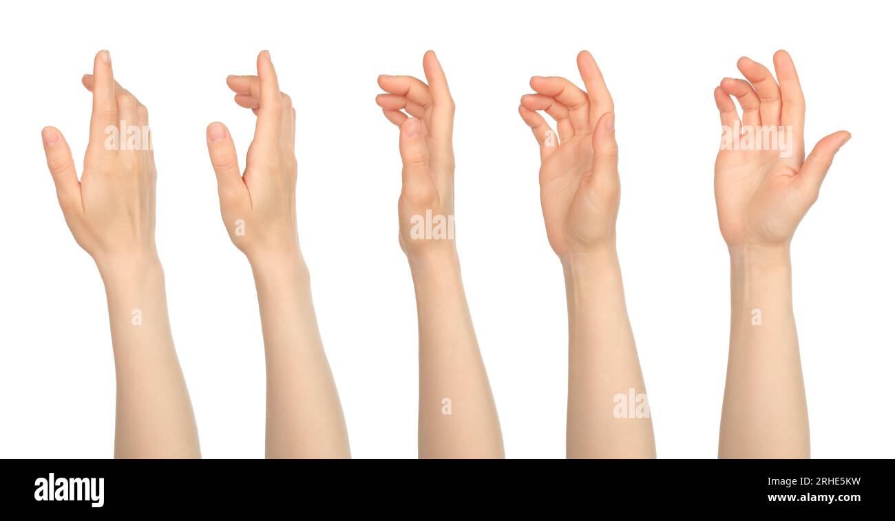 Set di mano donna in movimento, isolata su sfondo bianco Foto Stock