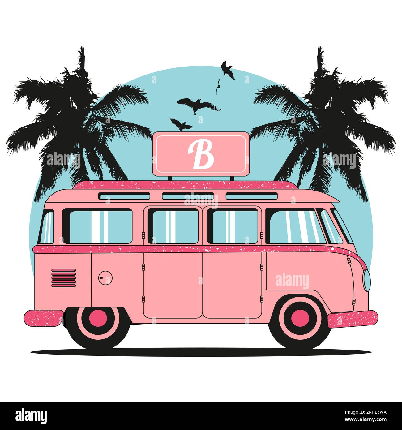 Autobus rosa vintage con palme. Design hippie piatto per maglietta. Autobus turistico estivo per famiglie. Camper per per ragazze. Barbiecore. Stile ruvido. Illustrazione vettoriale Illustrazione Vettoriale