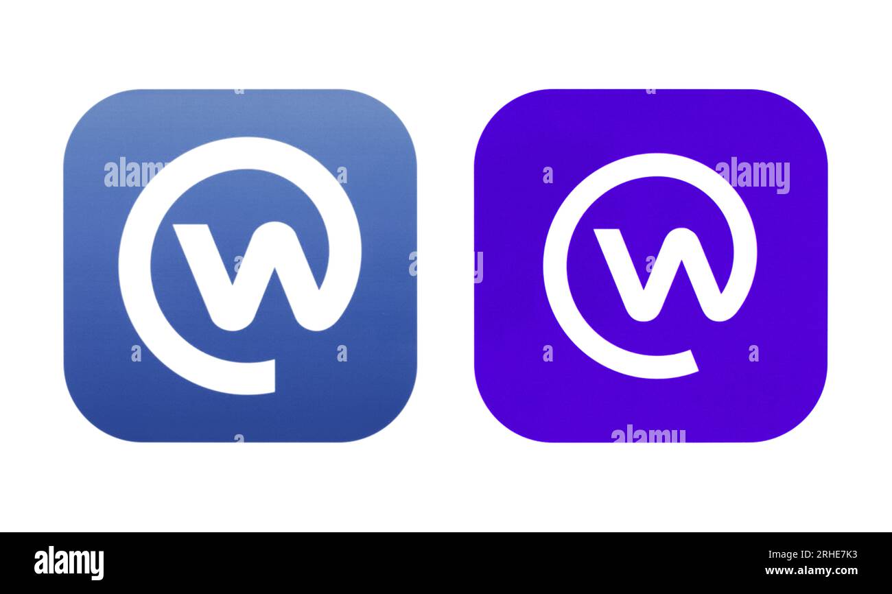 Kiev, Ucraina - 28 agosto 2022: App Old and New icons of Workplace, stampata su white paper. L'ambiente di lavoro è un social media online e un social network Foto Stock