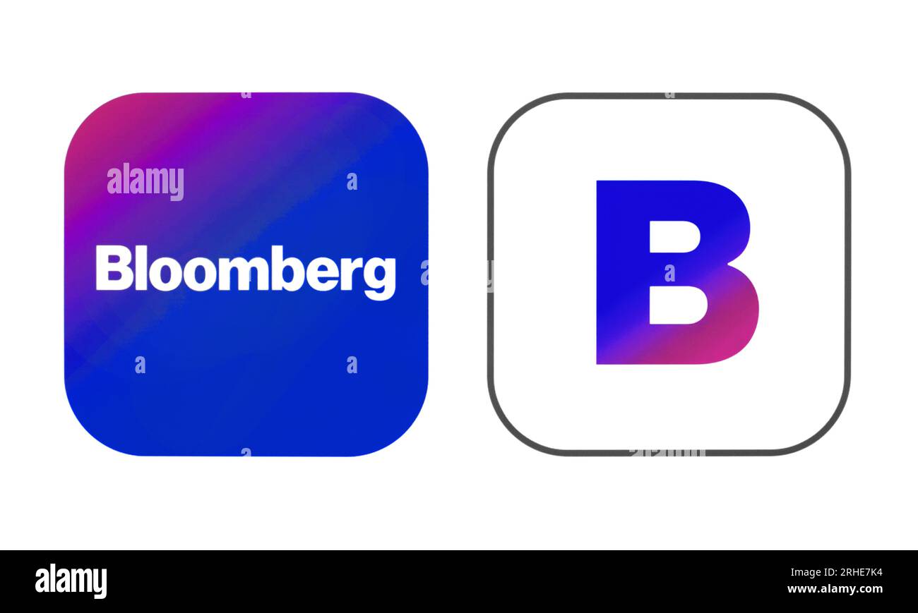 Kiev, Ucraina - 28 agosto 2022: Icone vecchie e nuove dell'app Bloomberg, stampate su white paper. Bloomberg è un'azienda privata di servizi finanziari, software, dati, Foto Stock