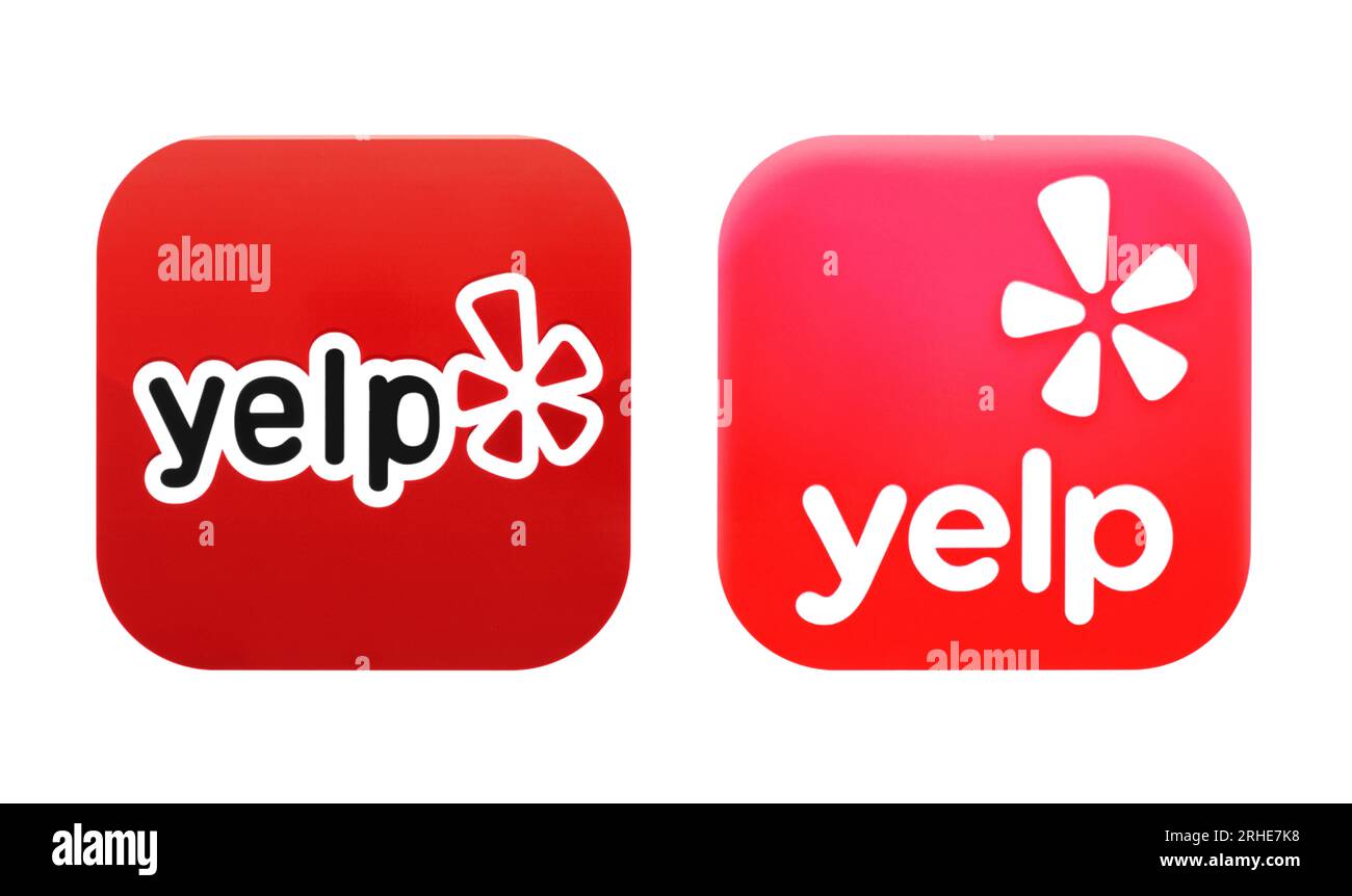 Kiev, Ucraina - 28 agosto 2022: Icone vecchie e nuove dell'app Yelp, stampate su white paper. Yelp è una società americana che sviluppa servizi, che publi Foto Stock