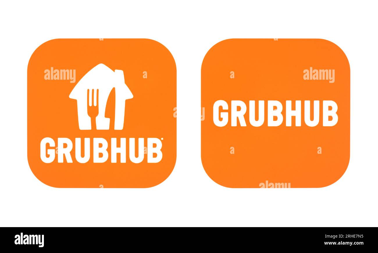 Kiev, Ucraina - 28 agosto 2022: Icone vecchie e nuove dell'app Grubhub, stampate su white paper. GrubHub Inc. È un cibo americano preparato online e mobile Foto Stock