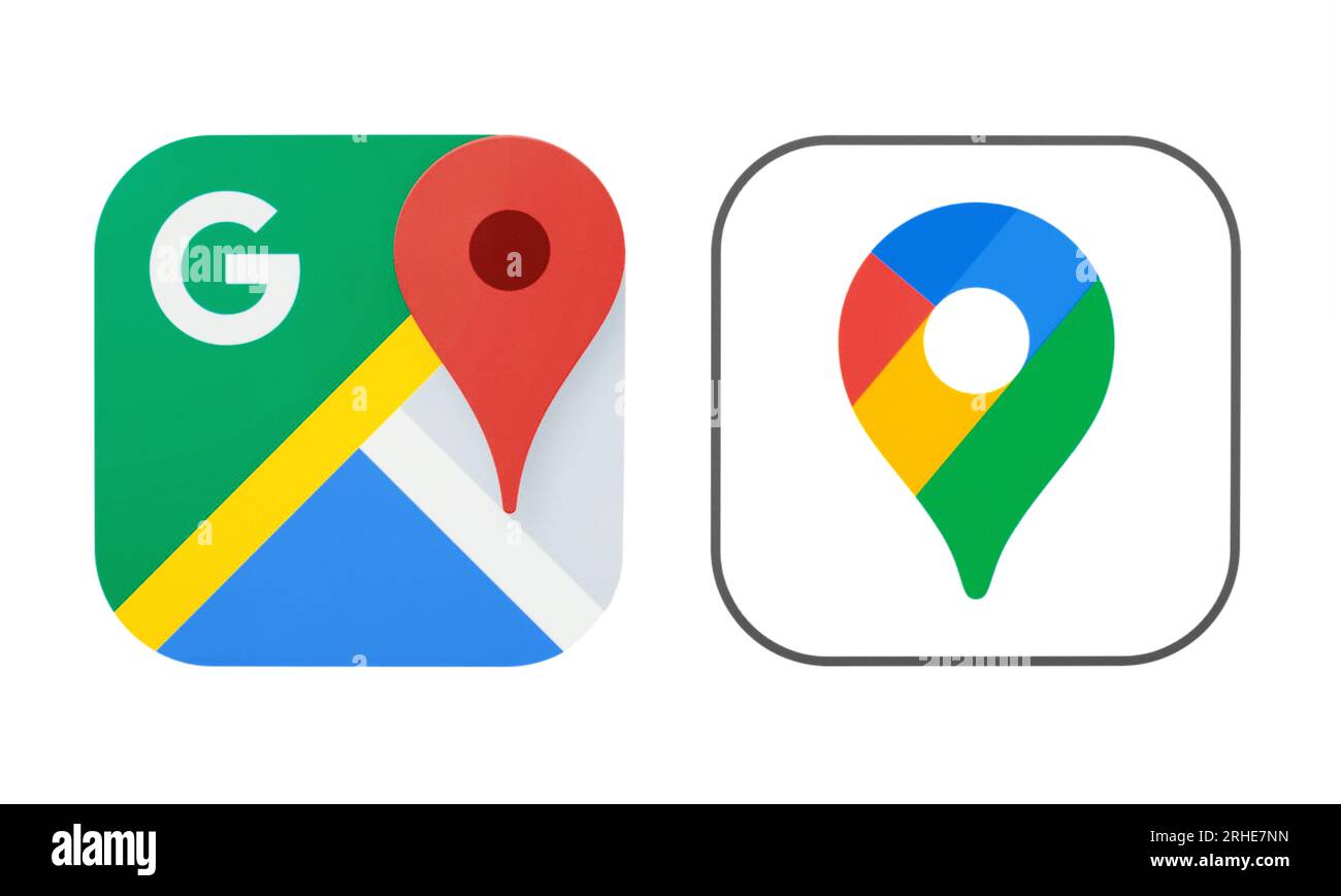 Kiev, Ucraina - 28 agosto 2022: Icone nuove e vecchie dell'app Google Maps, stampate su white paper. Google Maps è una piattaforma di mappatura Web e un'applicazione consumer Foto Stock