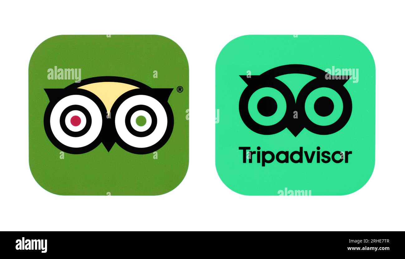 Kiev, Ucraina - 28 agosto 2022: Icone vecchie e nuove dell'app mobile Tripadvisor, stampate su carta. TripAdvisor è un'azienda americana di viaggi online che ope Foto Stock