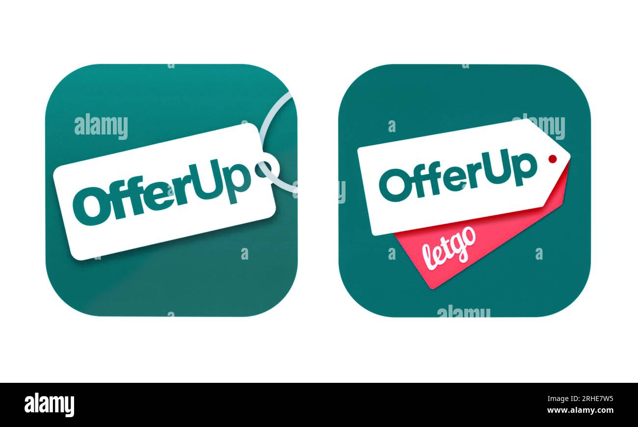 Kiev, Ucraina - 28 agosto 2022: Icone vecchie e nuove dell'app OfferUp, stampate su carta. OfferUp è un mercato C2C online mobile-first con un'enfasi Foto Stock