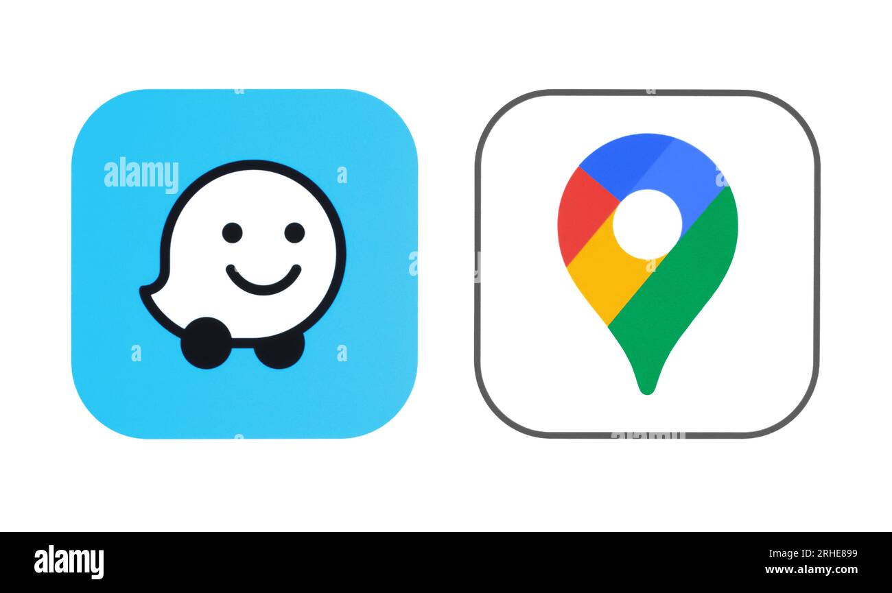 Kiev, Ucraina - 20 settembre 2022: Set di nuove icone delle app mobili Waze e Google Maps, stampate su carta Foto Stock