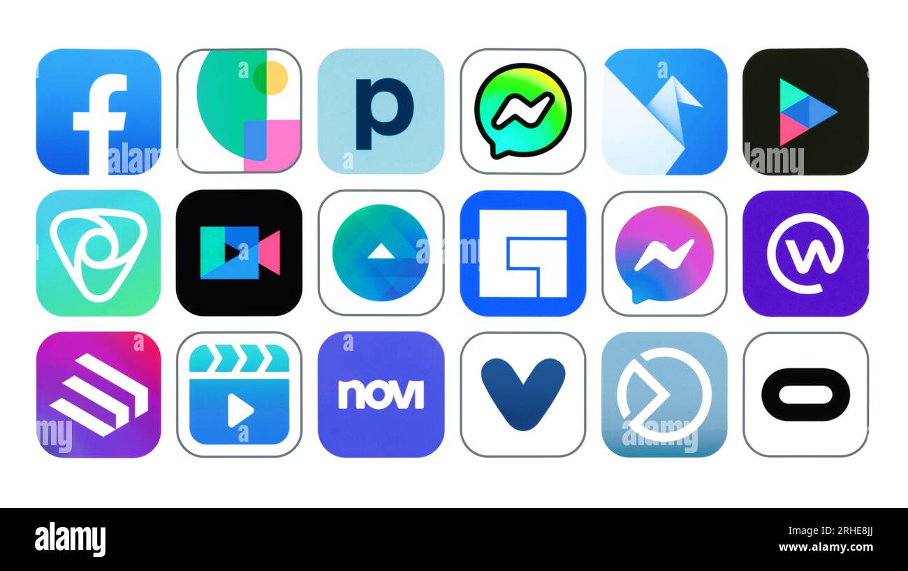 Kiev, Ucraina - 17 gennaio 2023: Set di icone delle app Meta Services, stampato su carta: Facebook, Facebook Partner Summit, Facebook Portal, Messenger Kid Foto Stock