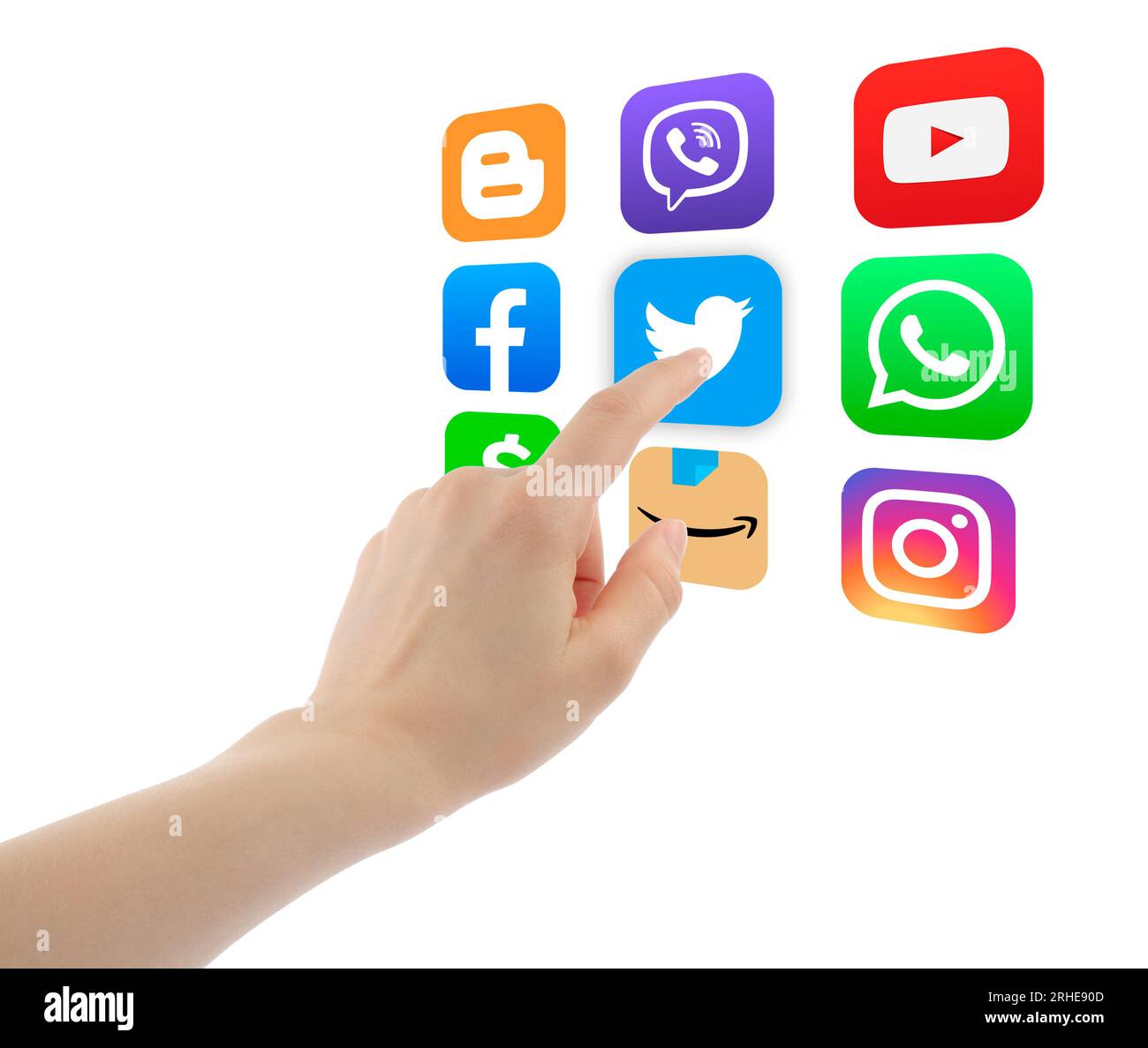 Mano di donna che spinge l'icona delle app di social media virtuali su uno sfondo bianco, scelta del concetto di app di social media Foto Stock