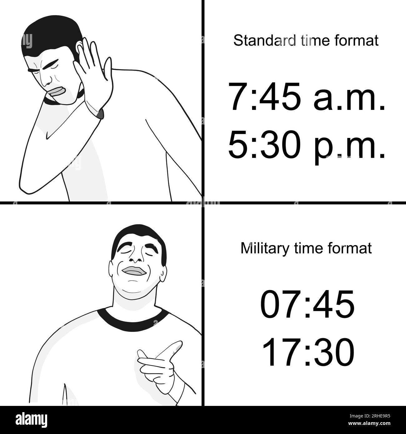 Formato dell'ora militare vs formato dell'ora standard. Meme divertente per la condivisione sui social media. Illustrazione Vettoriale