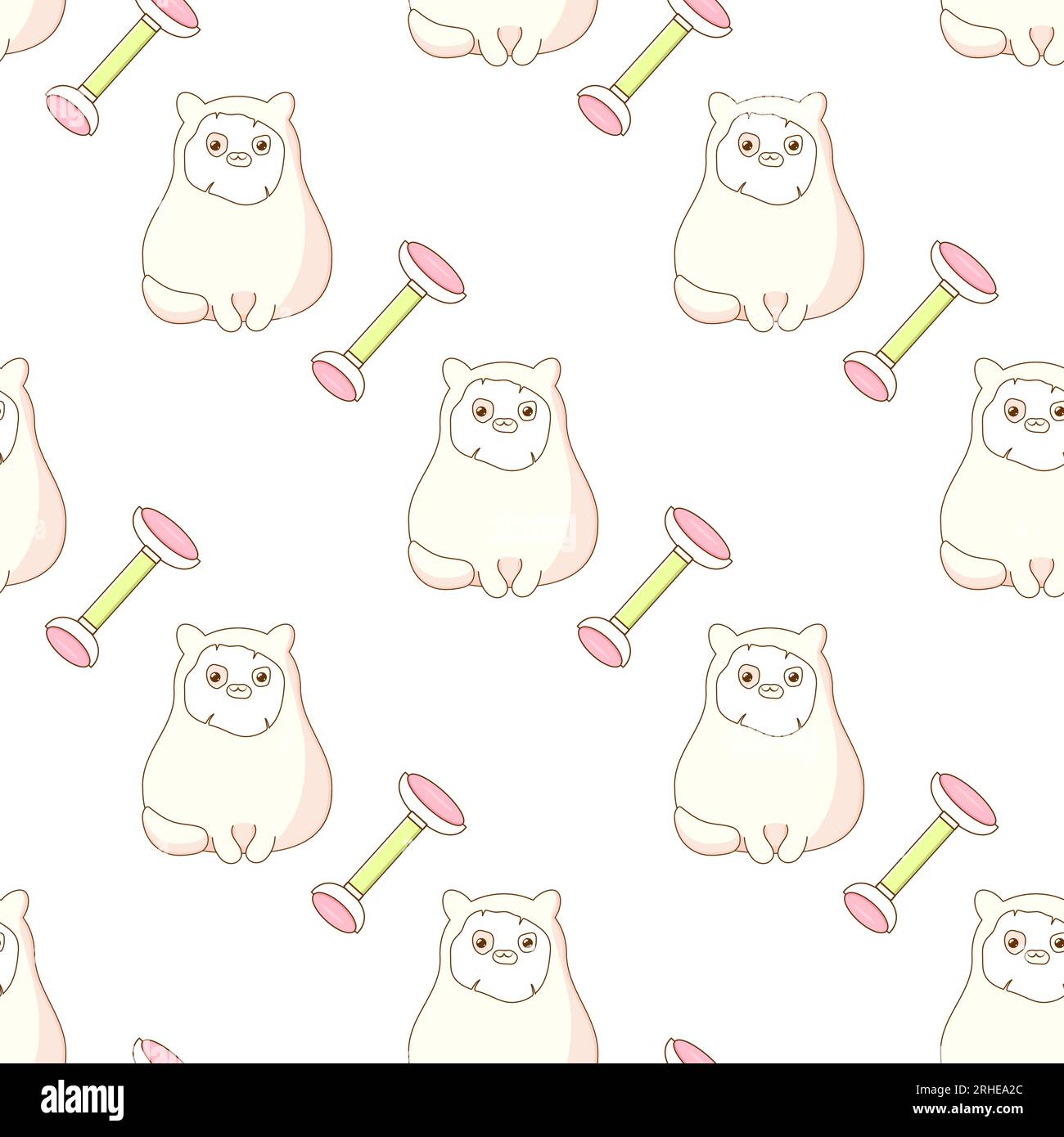 il gatto carino utilizza cosmetici coreani kawaii viso a rollerball con motivo senza cuciture. illu. vettore Illustrazione Vettoriale
