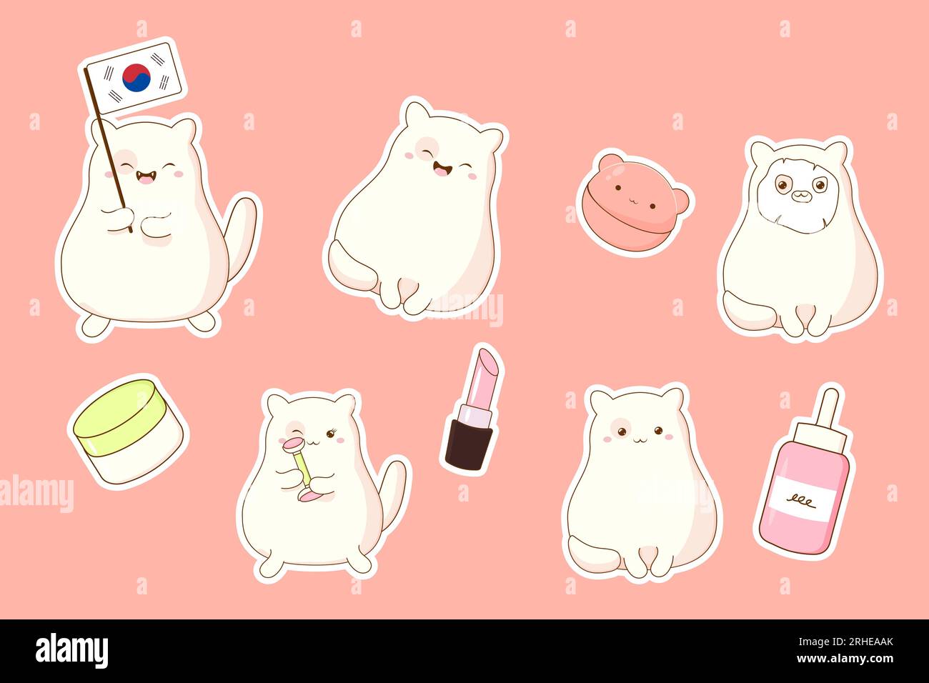 set di adesivi simpatici gatto coreano e cosmetici. Illustrazione vettoriale su BE Illustrazione Vettoriale