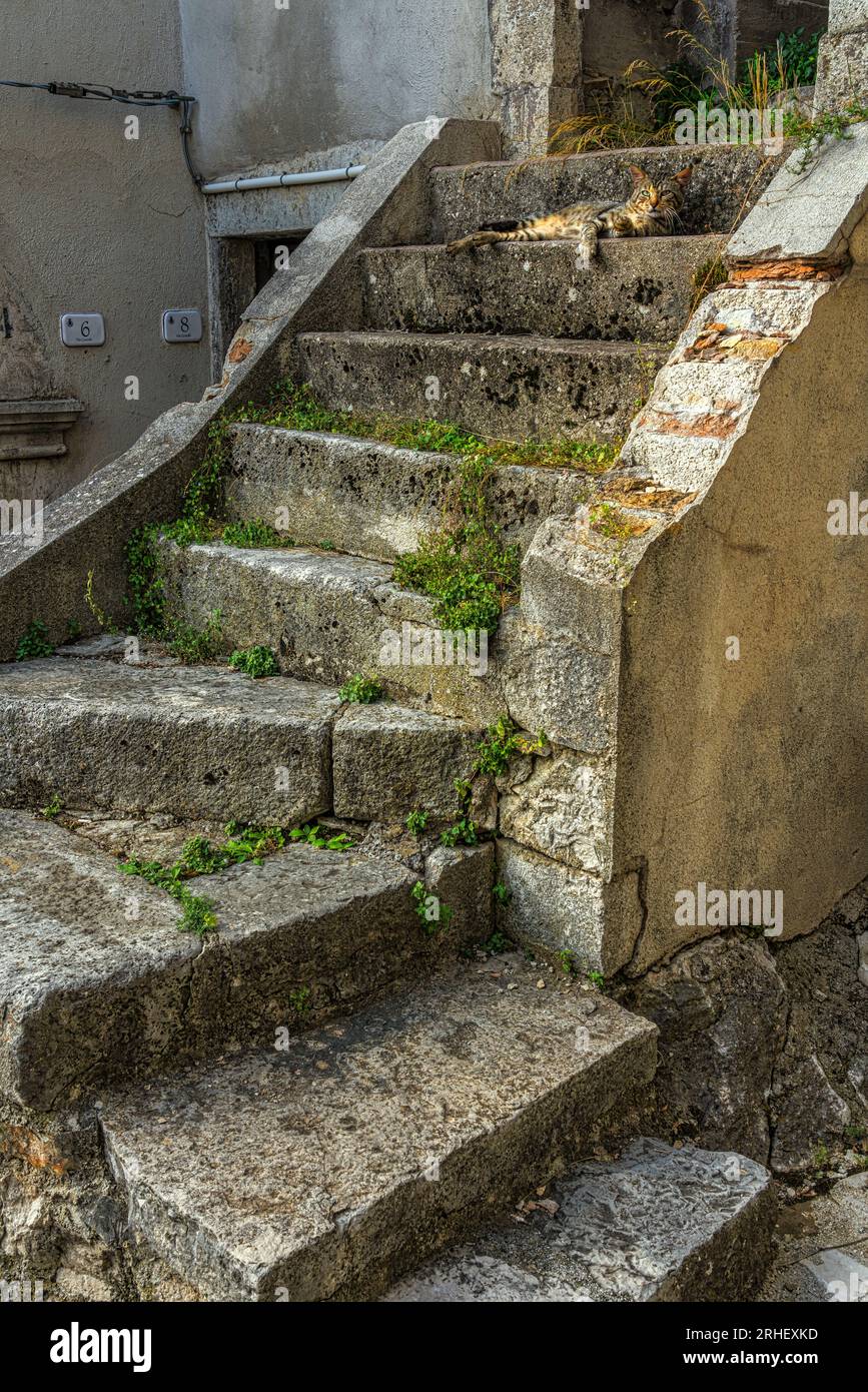 Via Castello, con le sue case in pietra, i vicoli e le scalinate del borgo medievale di Barrea. Barrea, provincia dell'Aquila, Abruzzo, Italia, Europa Foto Stock