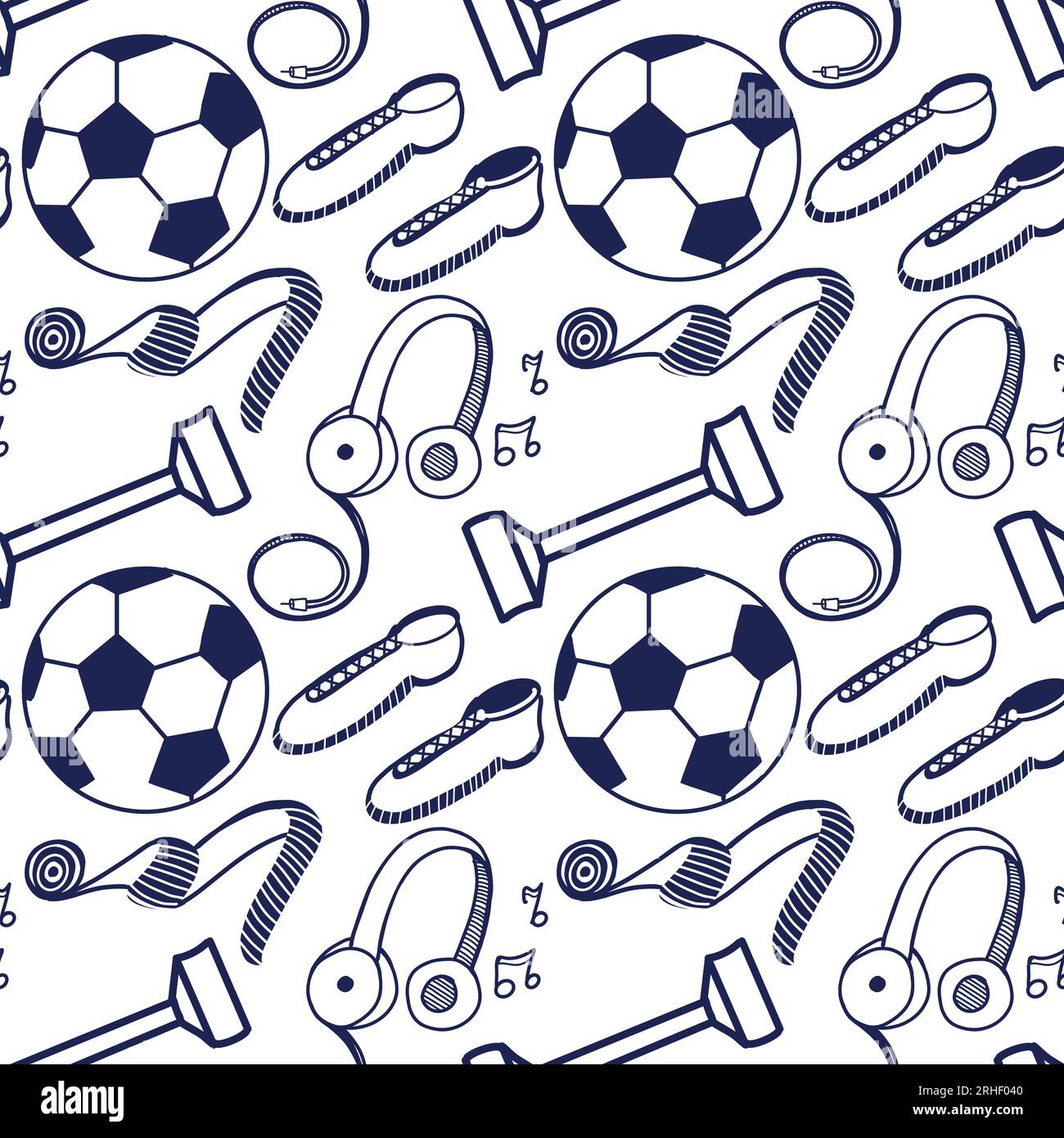 Pattern vettoriale senza interruzioni su sfondo bianco. Attrezzature sportive, palle, manubri, cuffie, sneakers disegnate in blu su un tablet. Illustrazione Vettoriale
