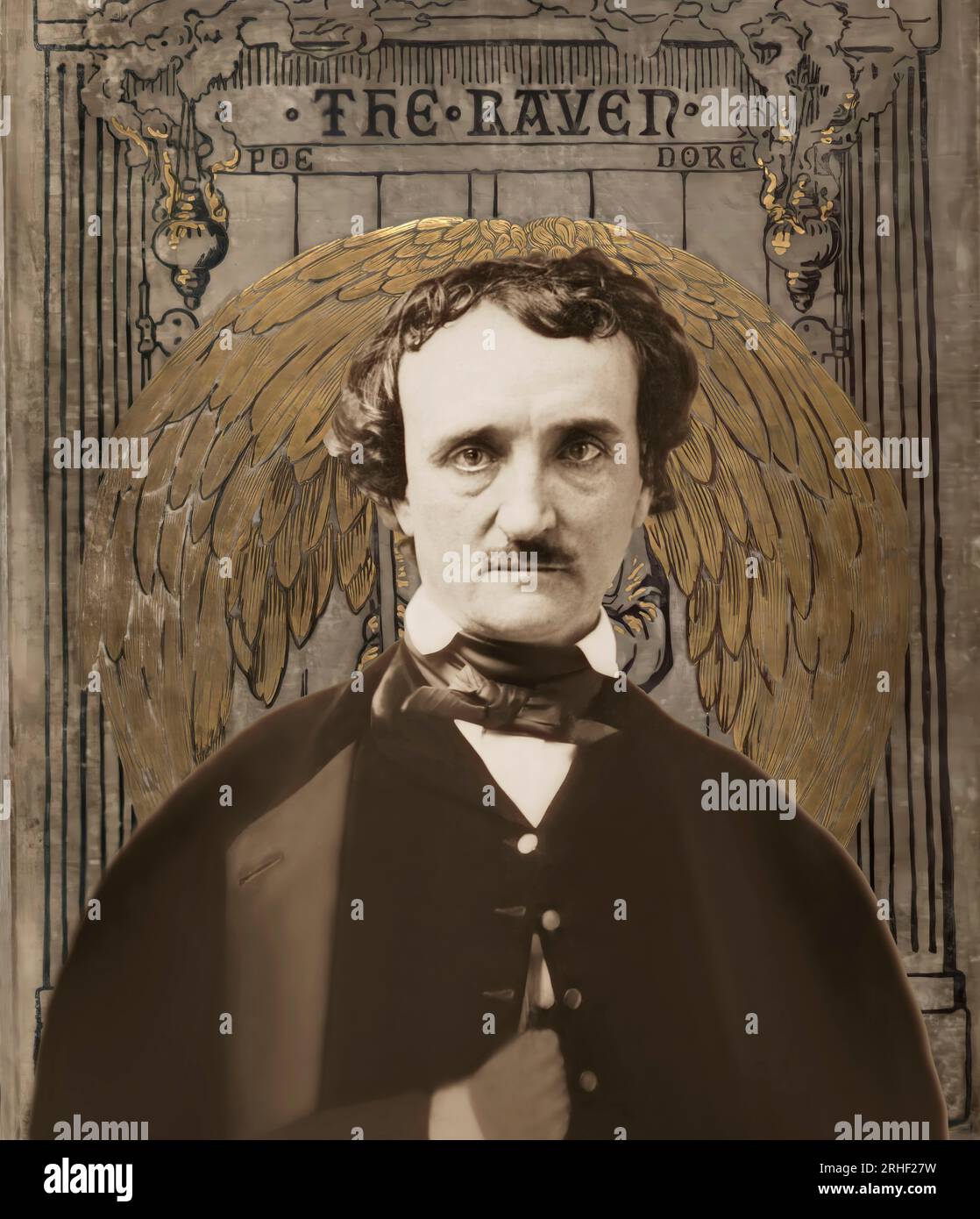 Ritratto di Edgar Allan PoE, The Raven, copertina di Gustave Doré, 1884, editata digitalmente Foto Stock