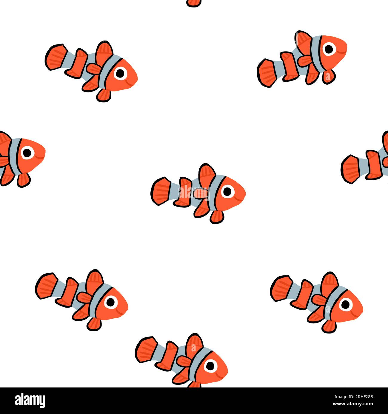 Motivo a base di pesce pagliaccio senza cuciture su bianco. Sfondo con pesci pagliaccio, simpatico motivo di pesci per bambini. Kawaii, vettore. Illustrazione vettoriale Illustrazione Vettoriale