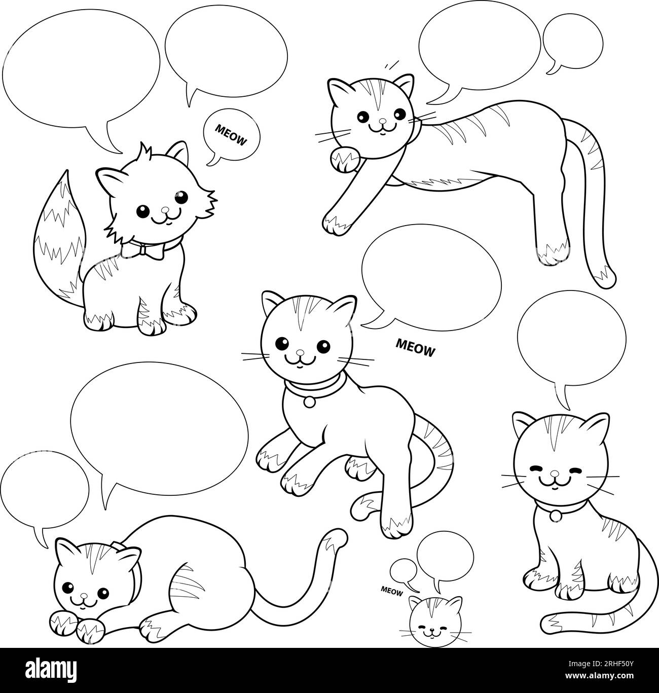 Gatti dei cartoni animati con bolle vocali. Pagina vettoriale di colorazione in bianco e nero. Illustrazione Vettoriale
