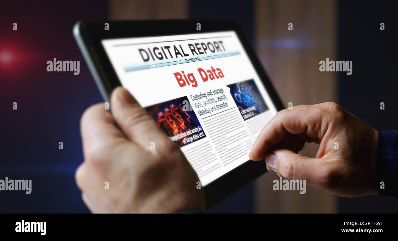 Lettura quotidiana di Big Data Machine Learning e tecnologia di analisi digitale sullo schermo di un tablet portatile. Touch screen uomo con titoli ne Foto Stock