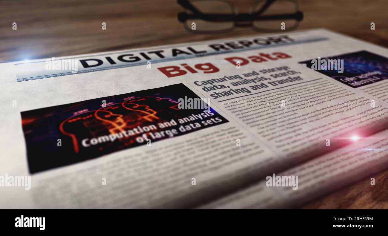 Il quotidiano Big Data Machine Learning e la tecnologia di analisi digitale sono disponibili sul tavolo. Titoli notizie abstract Concept illustrazione 3D. Foto Stock