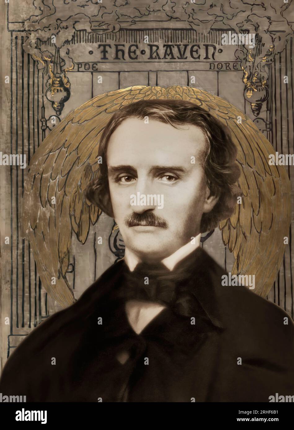 Ritratto di Edgar Allan PoE, The Raven, copertina di Gustave Doré, 1884, editata digitalmente Foto Stock
