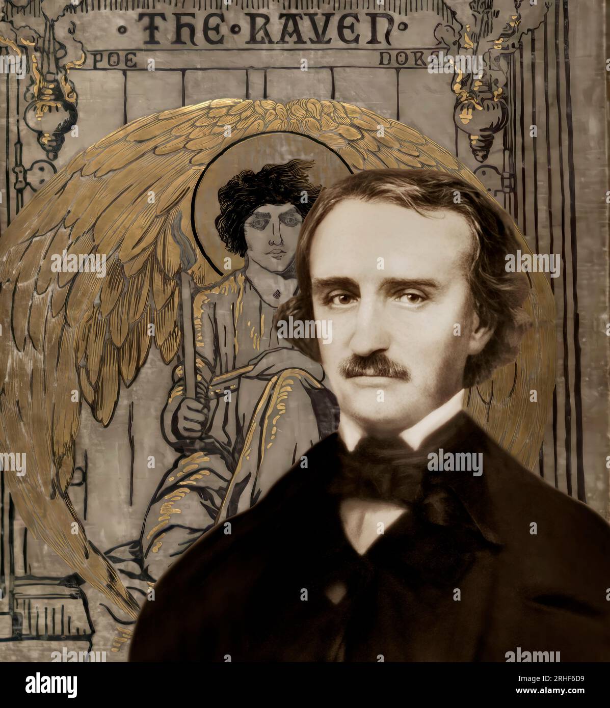 Ritratto di Edgar Allan PoE, The Raven, copertina di Gustave Doré, 1884, editata digitalmente Foto Stock
