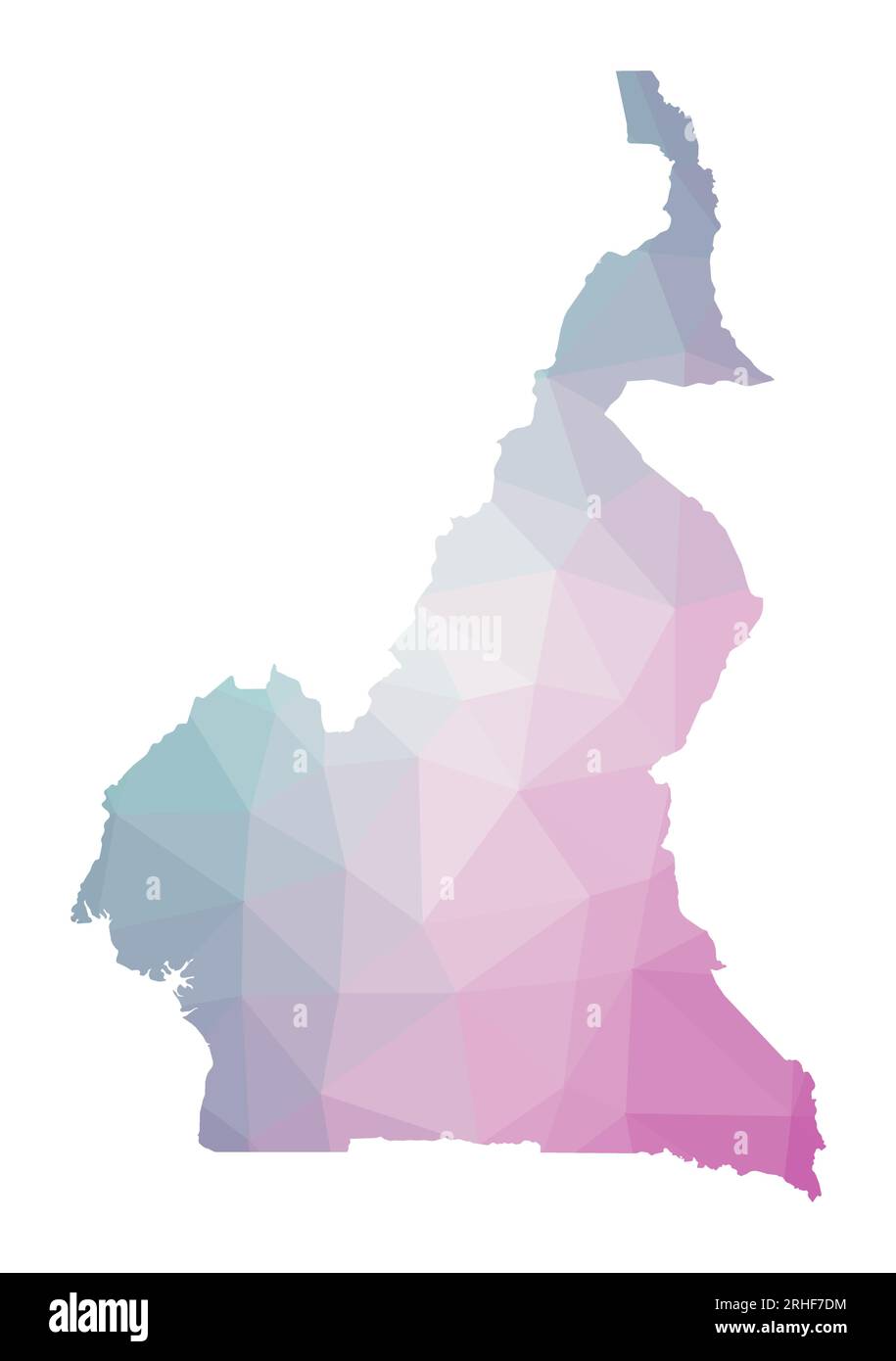 Mappa poligonale del Camerun. Illustrazione geometrica del paese in colori smeraldo e ametista. Cartina del Camerun in basso stile poli. Illustrazione Vettoriale