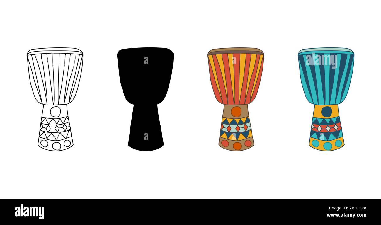 Set di tamburi djembe africani. Colore, contorno, silhouette. Strumento musicale tradizionale a percussione etnica. Vettore isolato. Per logo, web design, m Illustrazione Vettoriale