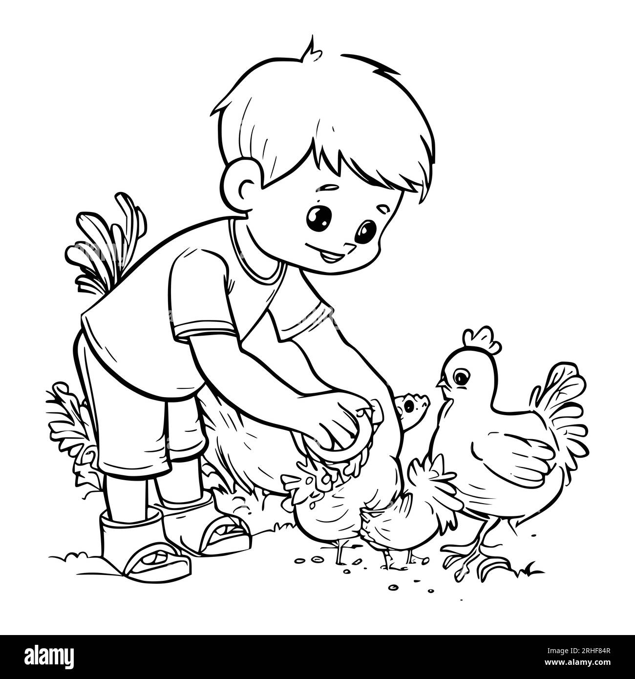 A Boy alimenta polli colorare pagine per bambini Illustrazione Vettoriale