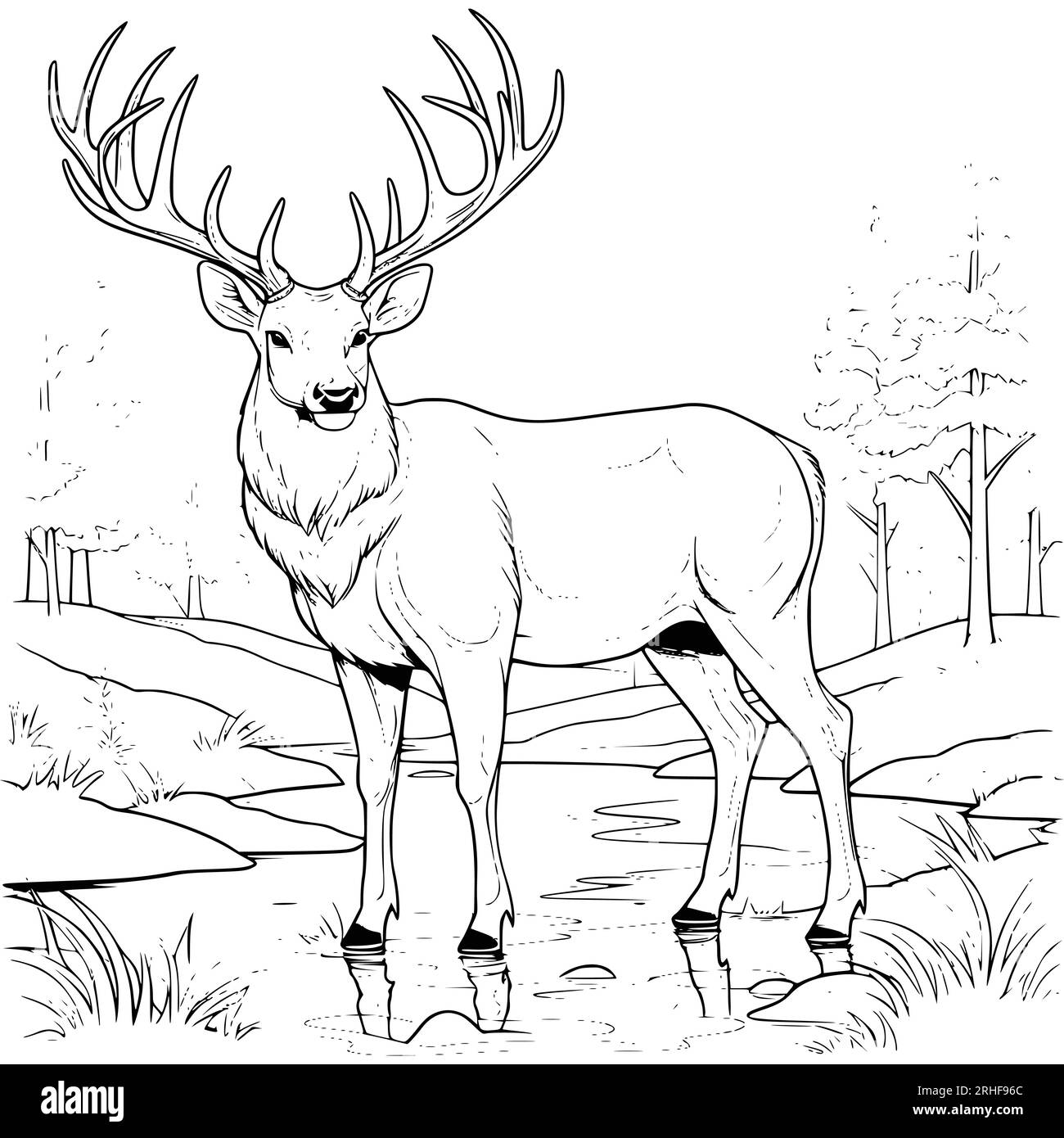Big Deer on the River Bank Coloring Page Drawing for Kids Illustrazione Vettoriale