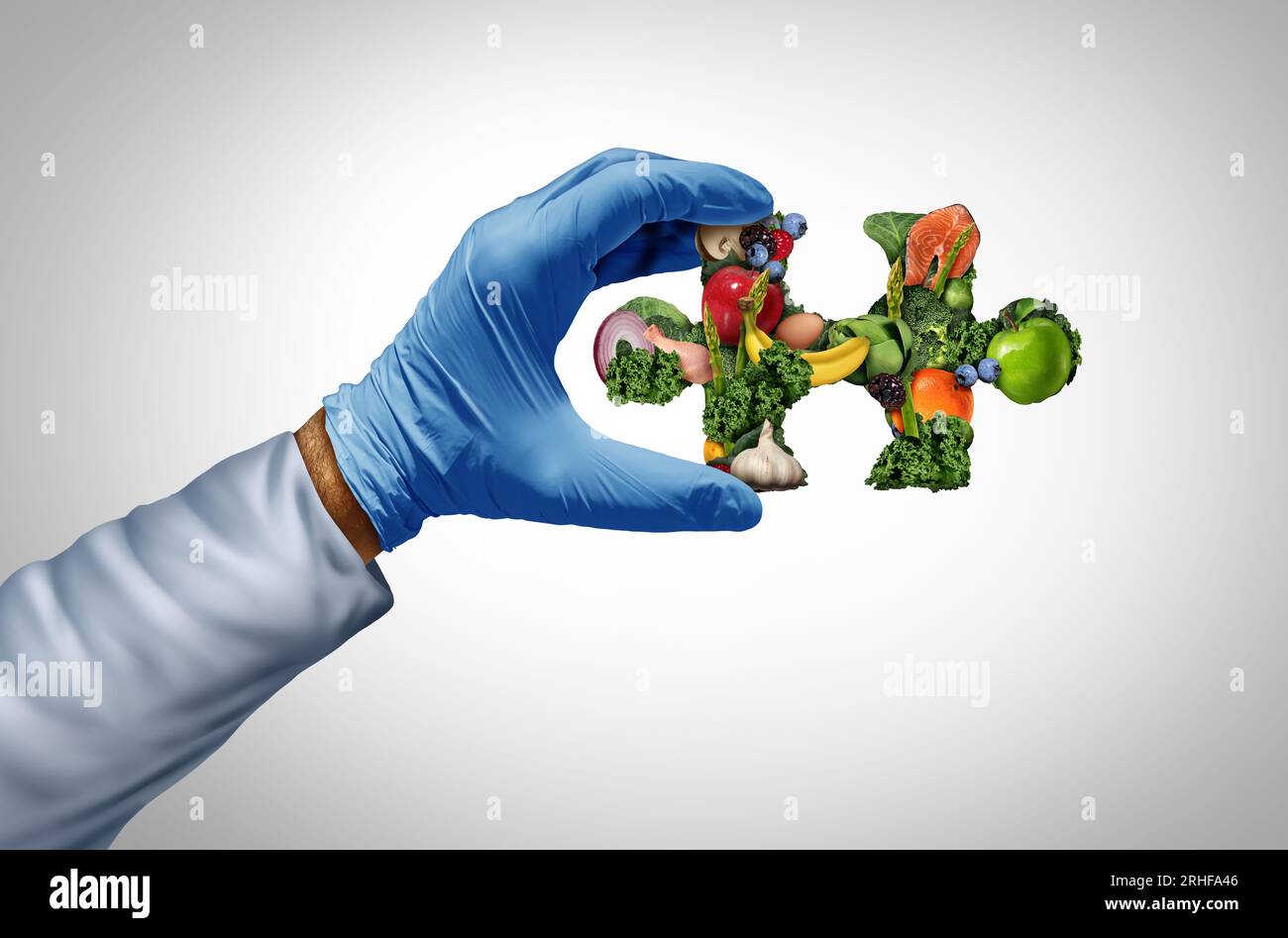 Soluzioni per la scienza alimentare come nutrizionista o scienziato con nutrienti e alimenti come soluzione che risolve un puzzle di nutrizione e apporto calorico Foto Stock