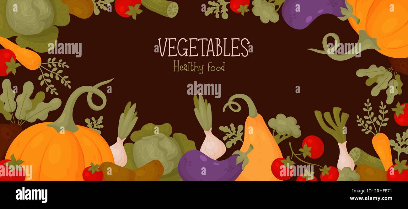 Verdure cibo sano. Striscione orizzontale con zucca, pomodori, cavolo, carote, melanzane e cipolle su fondo marrone. Illustrazione vettoriale. POS Illustrazione Vettoriale
