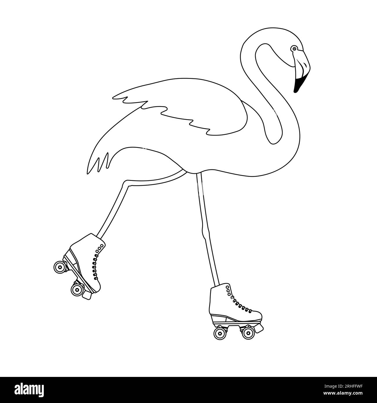 Profilo vettoriale piatto disegnato a mano flamingo su pattini a rotelle isolati su sfondo bianco Illustrazione Vettoriale