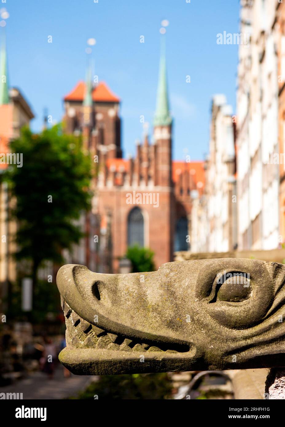 Danzica Polonia decorazione in pietra scolpita stilizzata testa di drago gargoyle in via Mariacka con vista sulla Chiesa di Santa Maria a Danzica, Polonia, Europa, UE Foto Stock