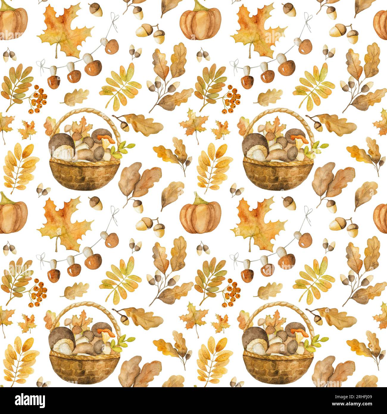 Foglie di quercia e acero autunnali con raccolta di ghianda e funghi in cesto ad acquerello senza cuciture. Illustrazione autunnale con zucche e fogliame Foto Stock