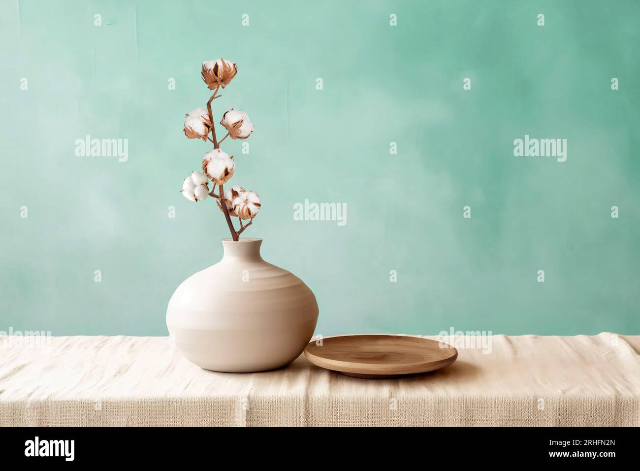Vasi in ceramica beige con rami di cotone asciutti. Sfondo elegante e minimalista per esporre i tuoi prodotti in salotto. Interni scandinavi. Mod Foto Stock