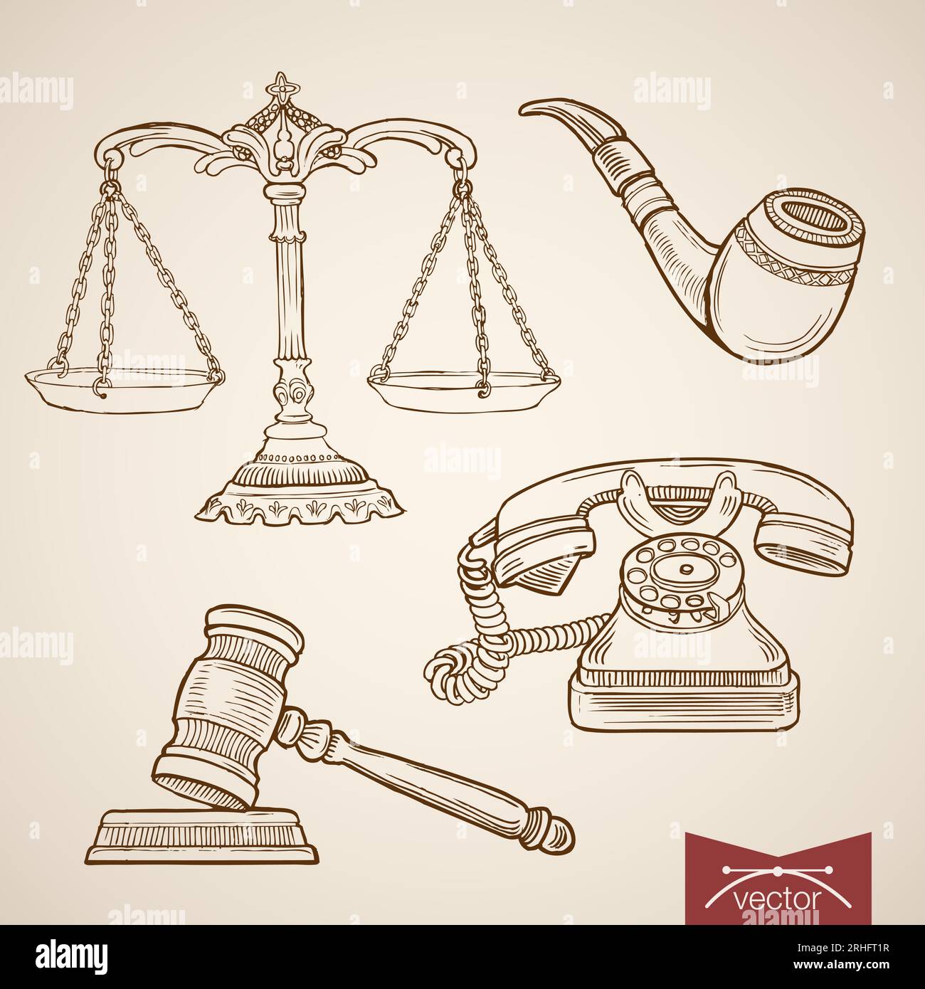 Incisione della collezione Law and Justice d'epoca disegnata a mano. Pencil Sketch Judge Trial Libra and Gavel, Detective Pipe e Phone Illustration. Illustrazione Vettoriale