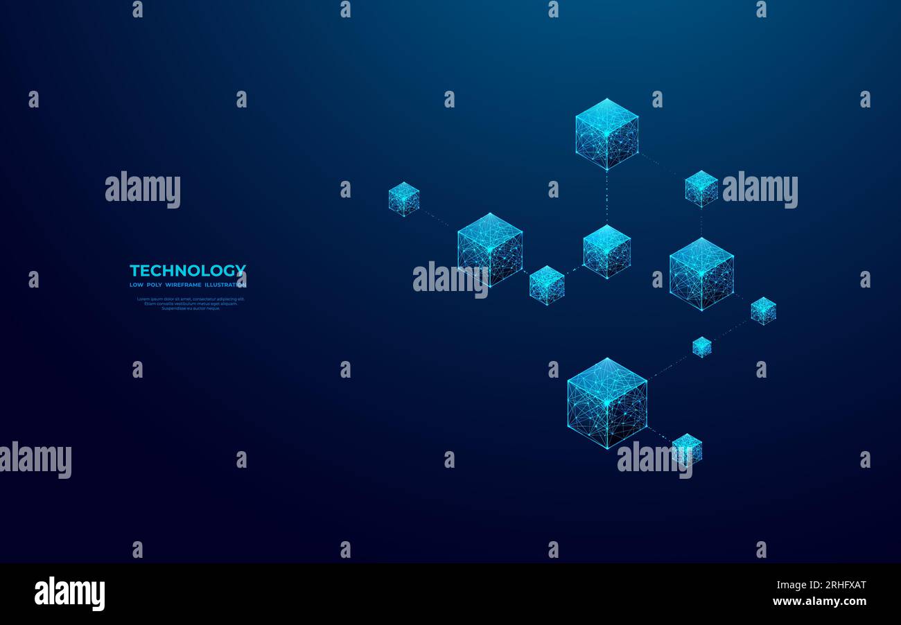 Concetto Blockchain su sfondo blu. Blocchi collegati alla tecnologia 3D. Illustrazione Vettoriale