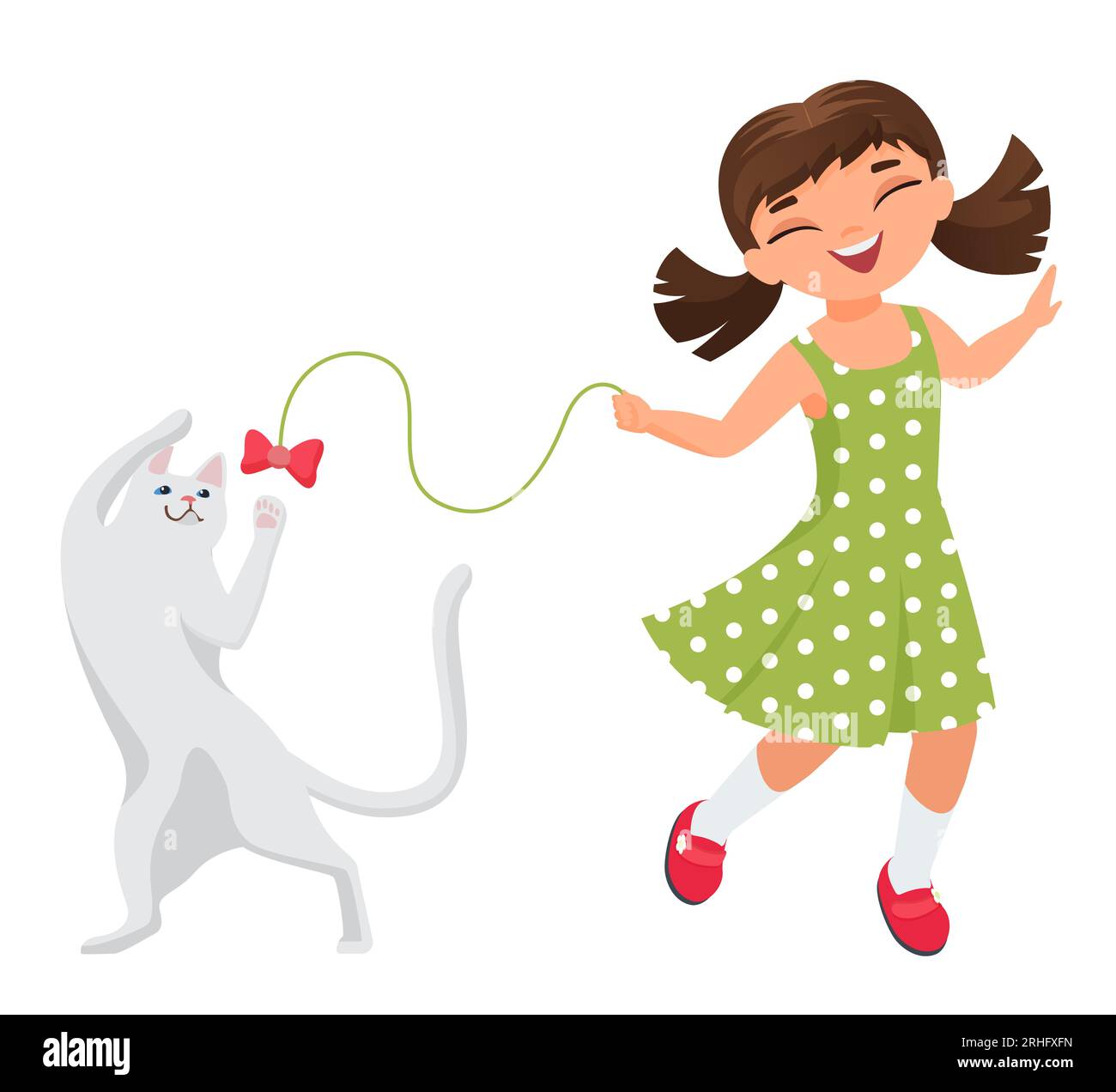 Ragazza felice che gioca con gatto. Giochi domestici per bambini, divertendosi insieme con l'illustrazione di cartoni animati vettoriali Illustrazione Vettoriale