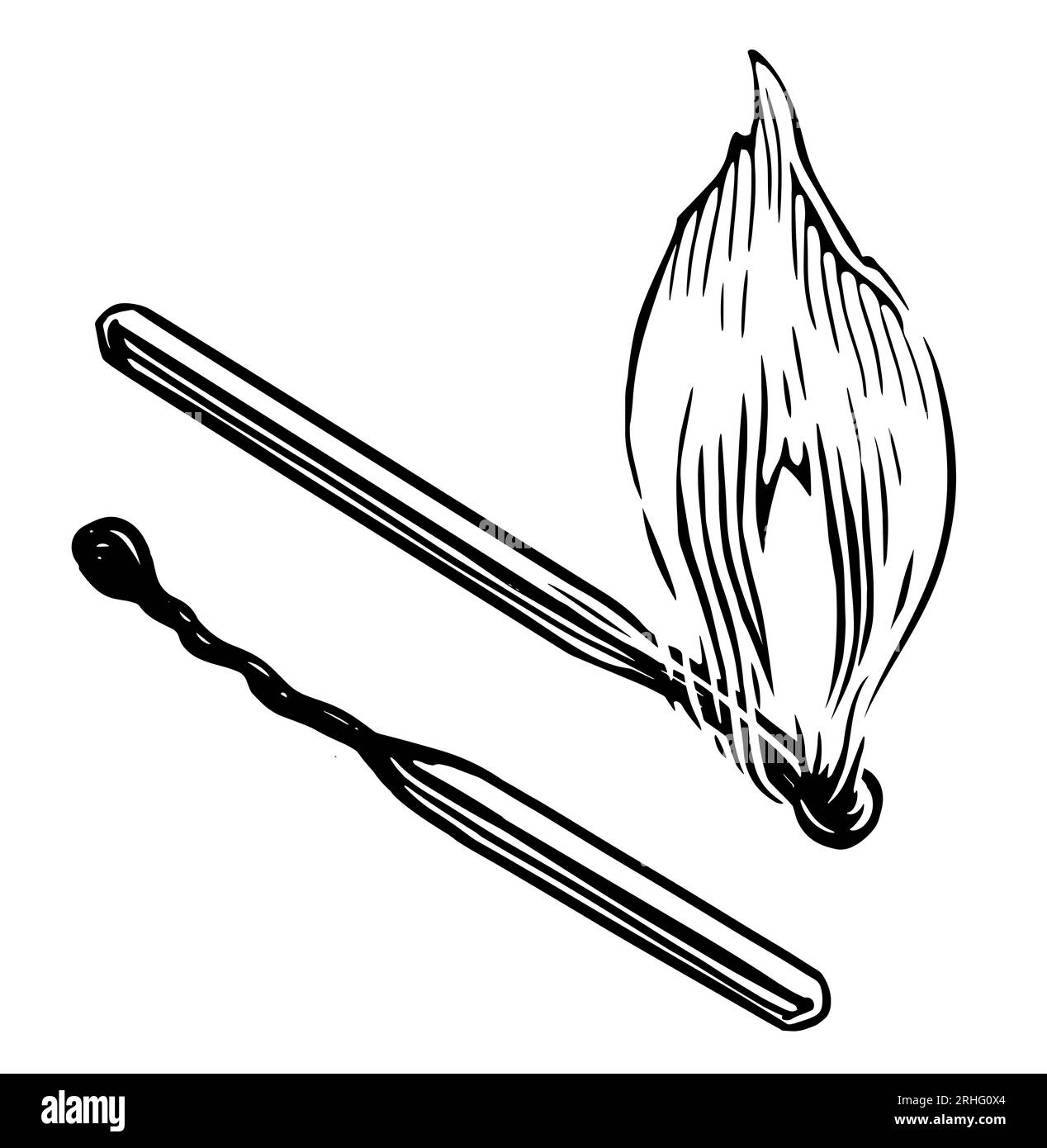 Corrispondenza di masterizzazione. Il fiammifero in legno brucia con la fiamma di fuoco. Disegno a mano illustrazione vintage Foto Stock