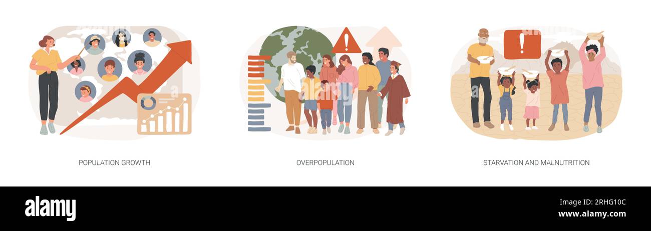 Insieme di illustrazioni del vettore del concetto isolato dei dati demografici. Crescita della popolazione, sovrappopolazione, fame e malnutrizione, crescita della quantità umana, fame e mancanza di cibo, concetto di vettore di urbanizzazione. Illustrazione Vettoriale