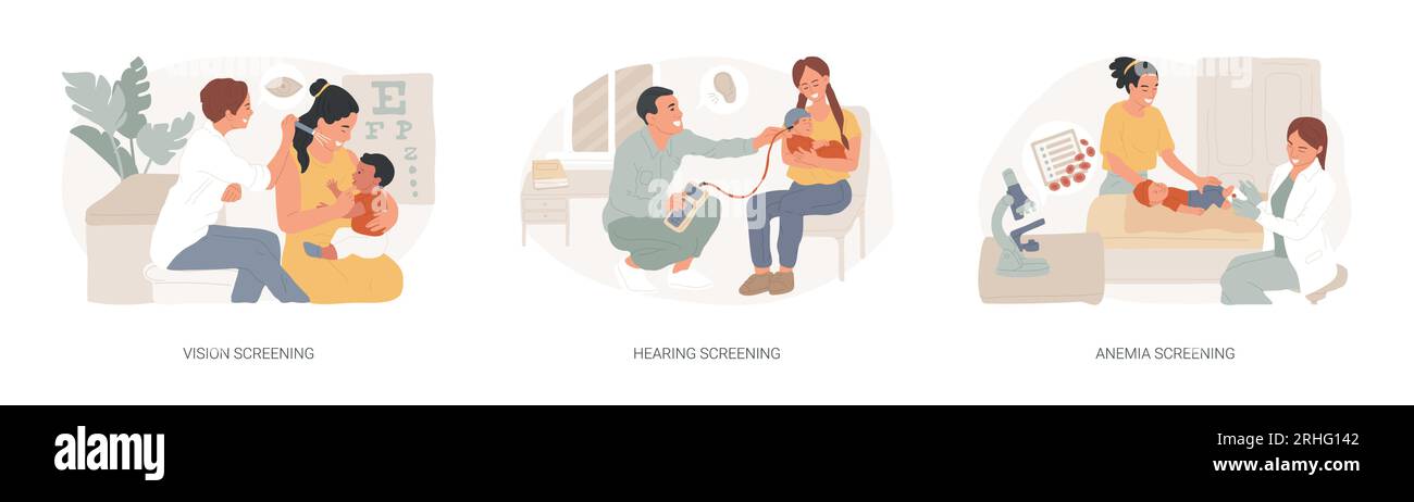 Set di illustrazioni vettoriali del concetto isolato per l'assistenza sanitaria neonatale. Screening della vista e dell'udito, diagnosi di anemia, cure primarie, esame pediatrico, test per la malattia genetica, concetto del vettore di carenza di ferro. Illustrazione Vettoriale
