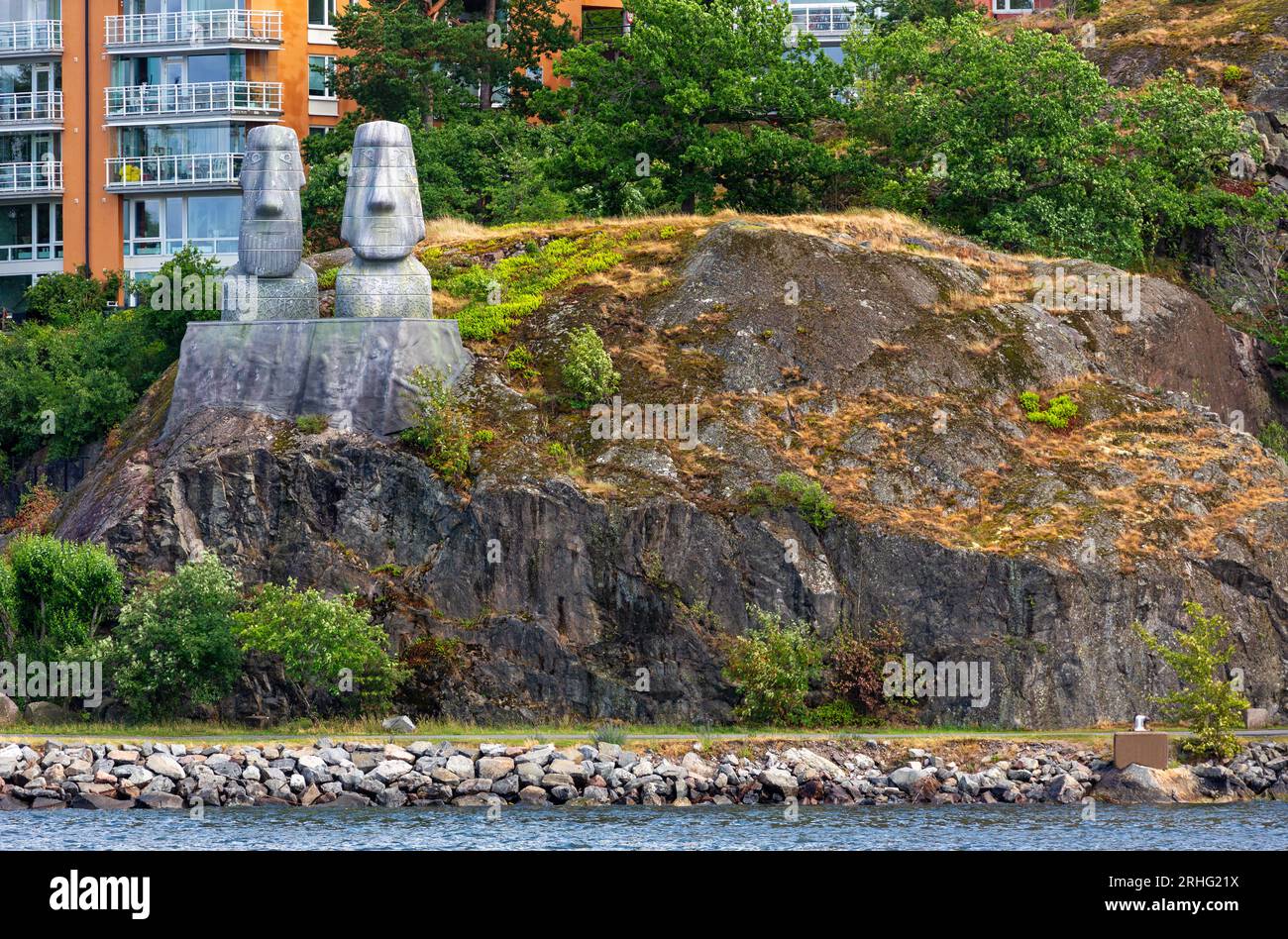 Sculture dell'Isola di Pasqua, Stoccolma, Svezia, Scandinavia Foto Stock