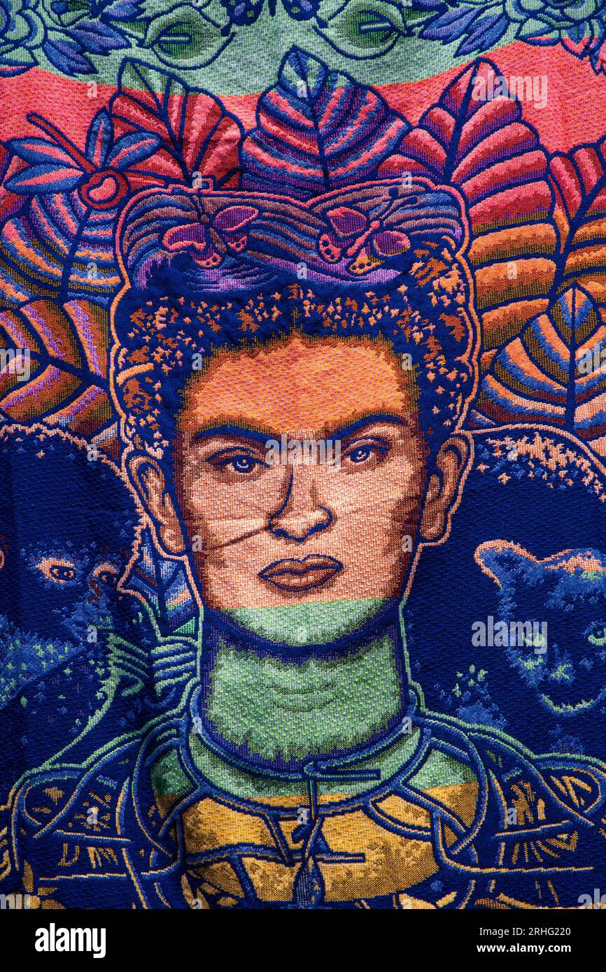 Tessile, immagine di Frida Kahlo, Artigianato in vendita, mercato artigianale, città del Messico, Messico Foto Stock